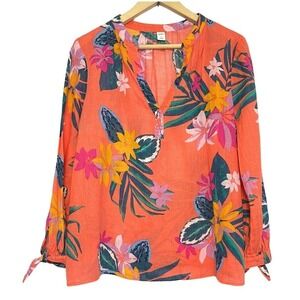 Old Navy Linen Blend Aloha Top Womens M Orange Floral Hawaiian Resort Tropical